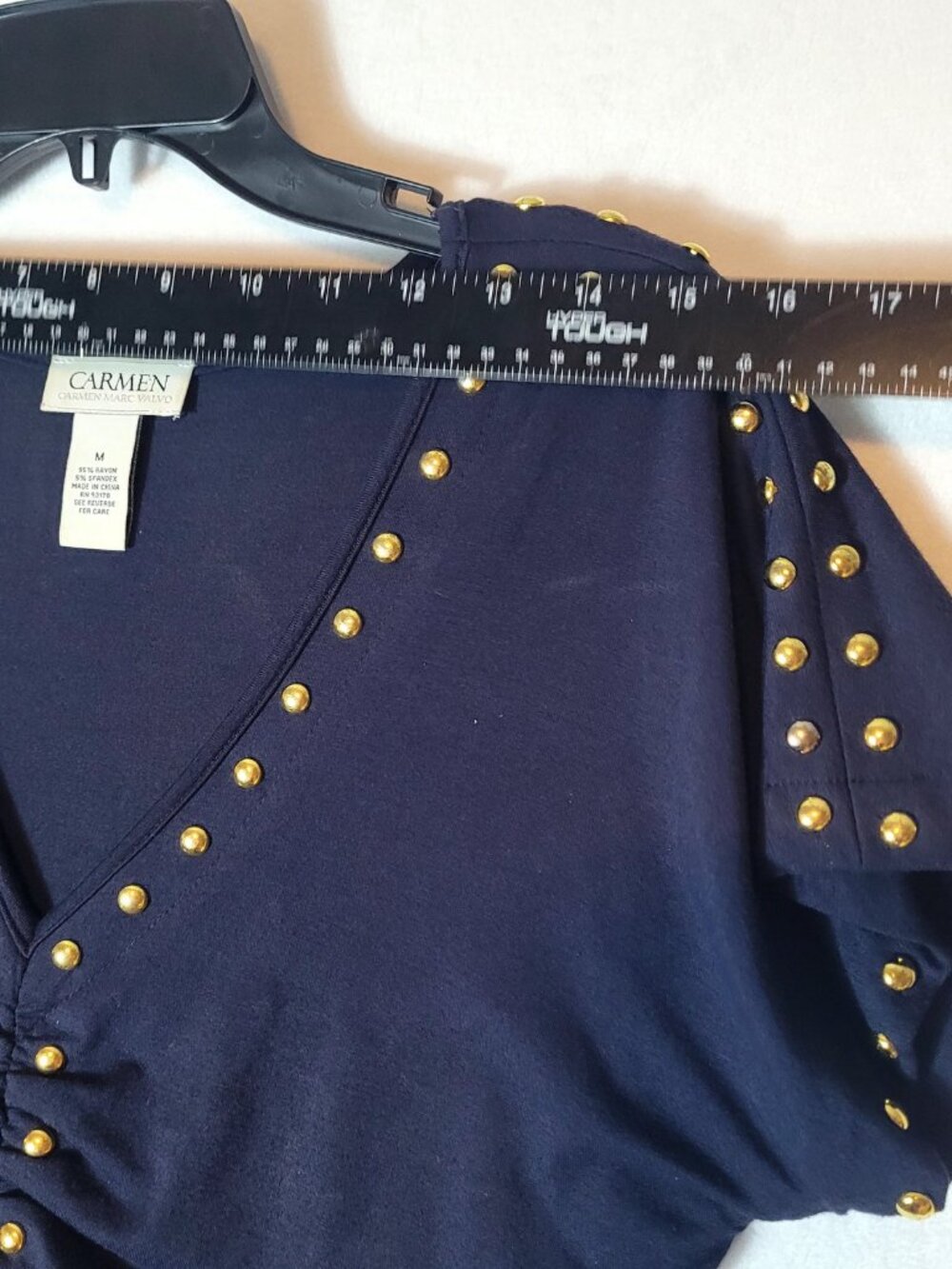 Carmen Marc Valvo Medium Navy Rayon Spandex Studded Top - Picture 5 of 14